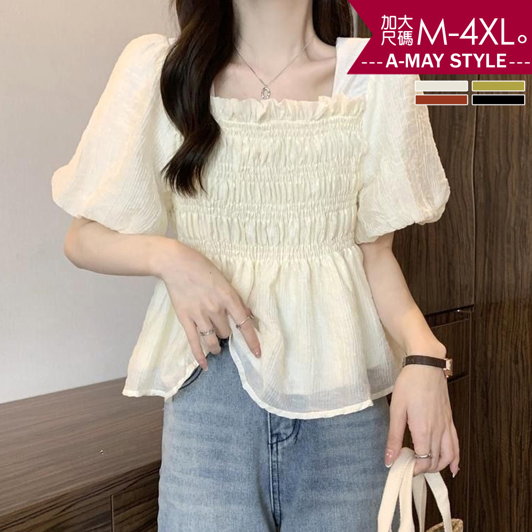 加大碼上衣 方領花邊繫帶立體剪裁顯瘦泡泡袖上衣(M-4XL)【XIK24S43】＊艾美時尚(現 預)
