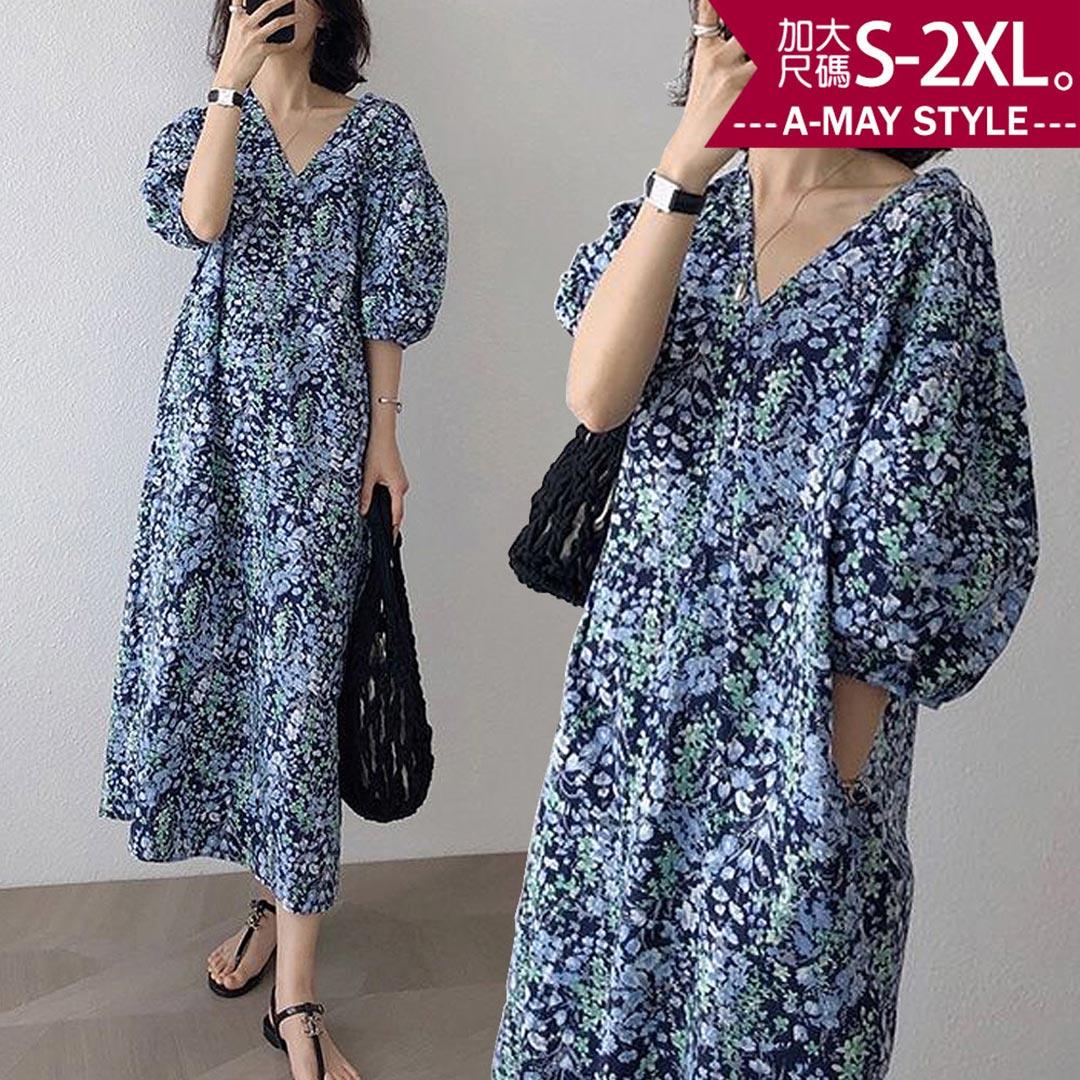 加大碼連身裙 韓系法式小碎花寬鬆燈籠袖洋裝(S-2XL)【XG24SV43】＊艾美時尚(現 預)
