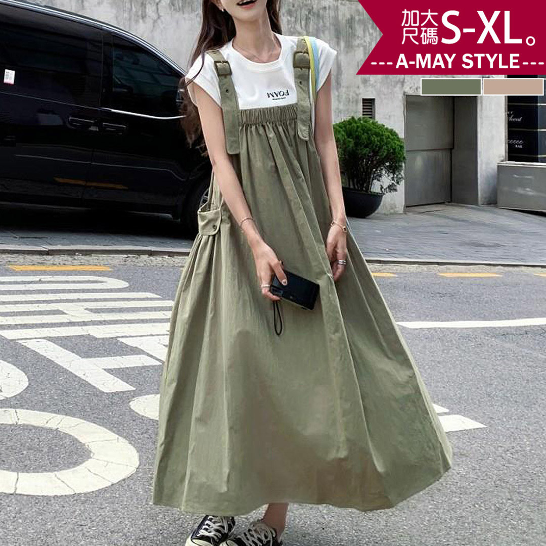 加大碼連身裙 日系休閒寬鬆工裝風顯瘦吊帶裙(S-XL)【XLC1810135】＊艾美時尚(現 預)