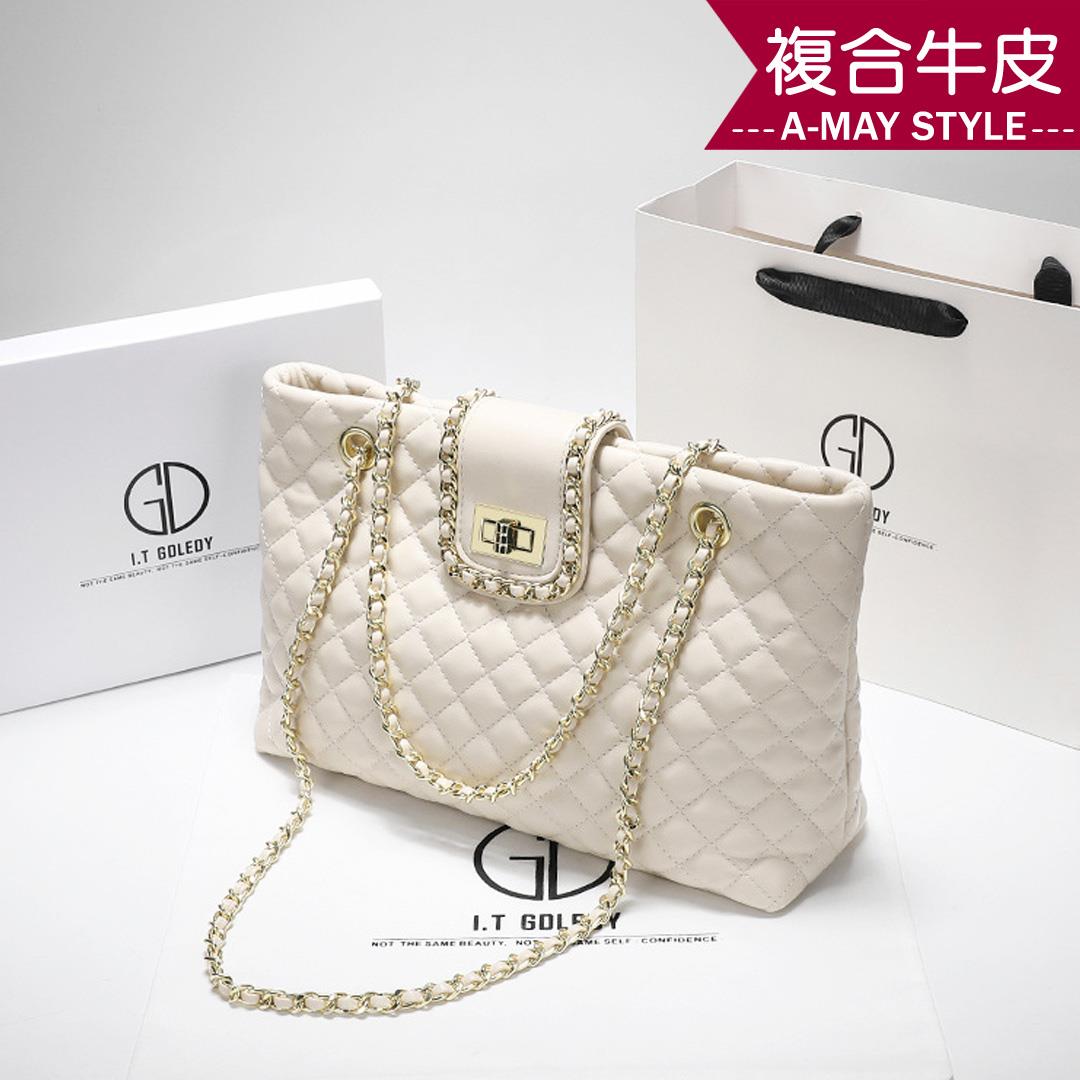 女真皮包 側背包 斜背包 小香風菱格牛皮氣質鍊條托特包(2色)【XGD152】＊艾美時尚(現 預)