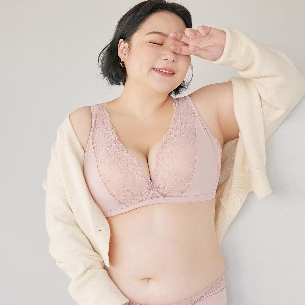 內衣【早安妞！Morning Bra】軟鋼圈深Ｖ蕾絲日間美胸內衣(小豬粉)