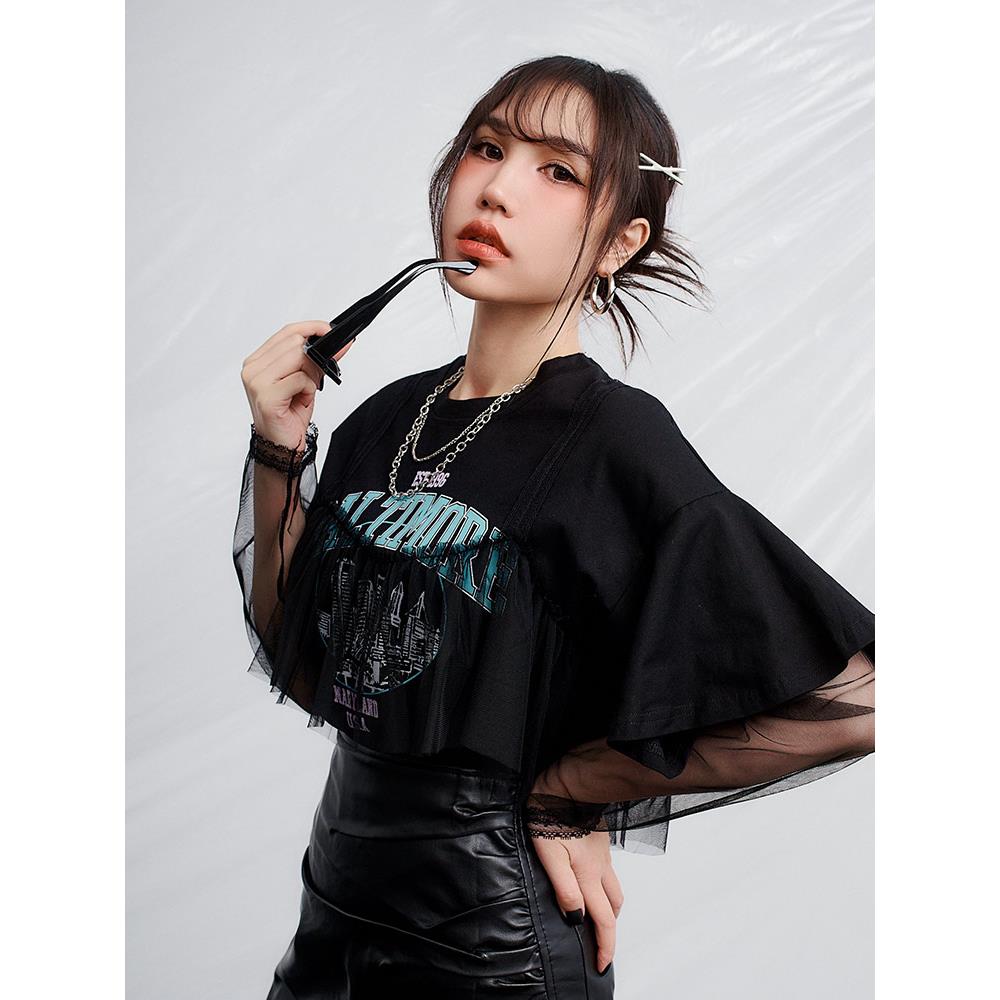 尼克&Ashly.網紗層次拼接上衣