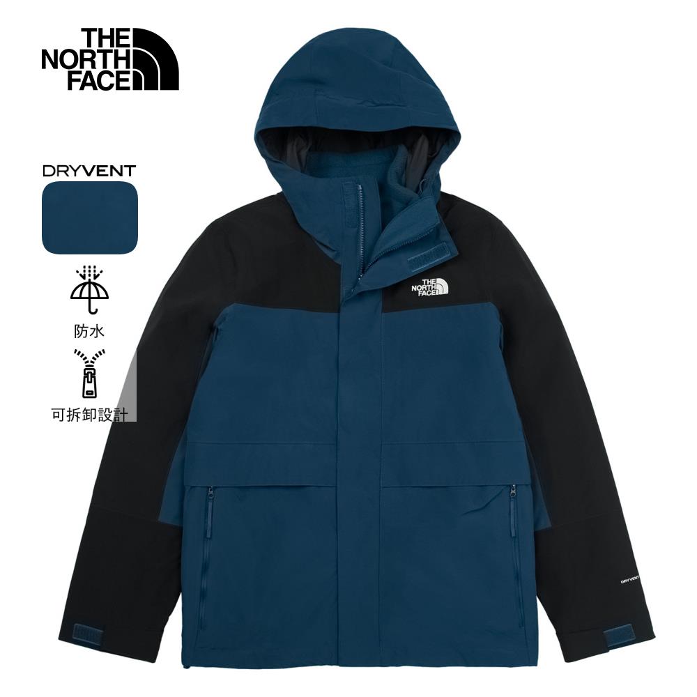The North Face北面男款藍黑拼接防水透氣保暖連帽抓絨內裡三合一外套｜89YX7OW