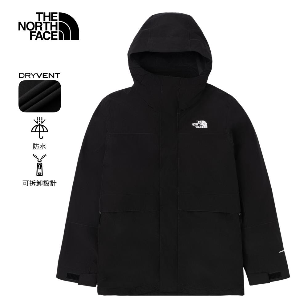 The North Face北面男款黑色防水透氣保暖連帽抓絨內裡三合一外套｜89YXJK3