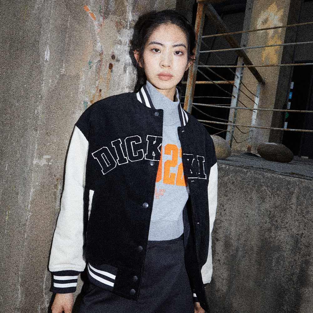 Dickies女款黑色燈芯絨撞色拼接立體Logo休閒棒球外套|DK0A87H8BLK