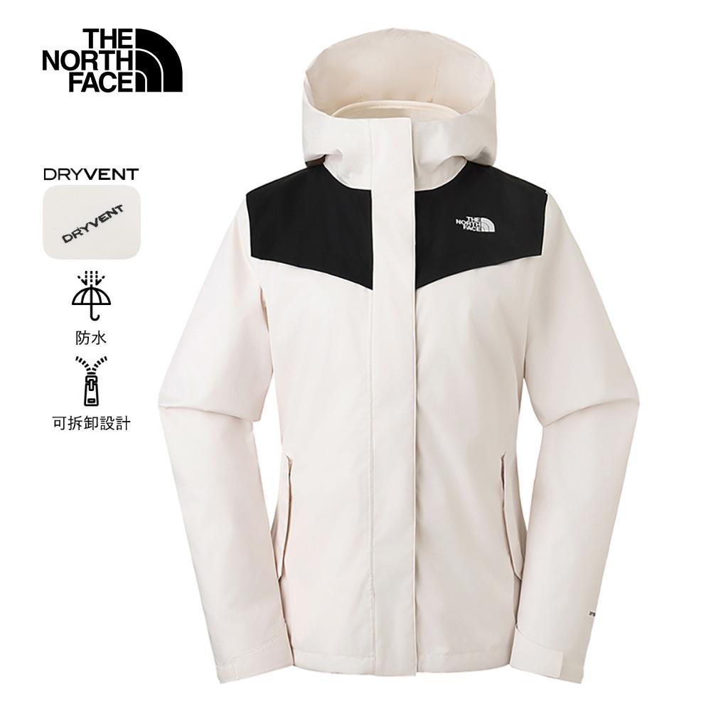 The North Face北面女款米白色防水透氣保暖連帽抓絨內裡三合一外套|88RYROU
