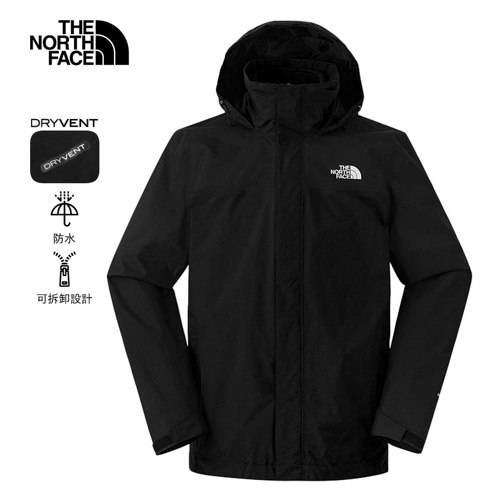 The North Face北面男款黑色防水透氣可調節可收納連帽抓絨內裡三合一外套｜8DNJKX7