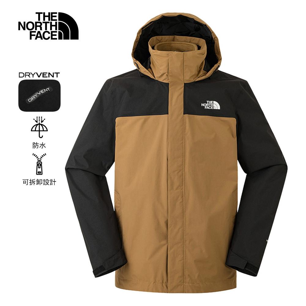The North Face北面男款棕色防水透氣可調節可收納連帽抓絨內裡三合一外套｜8DNJYW2