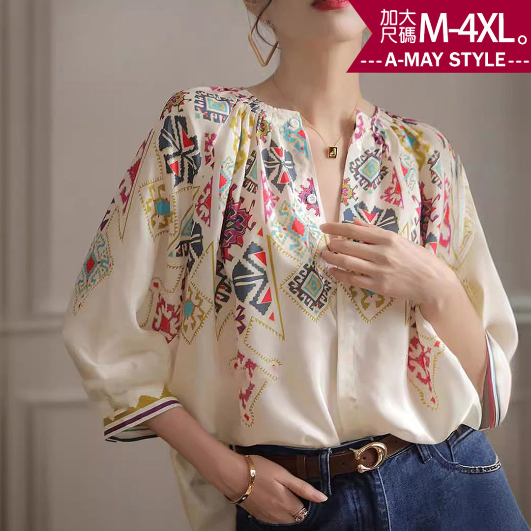 加大碼上衣 時尚民族風印花抓褶顯瘦七分袖襯衫(M-4XL)【XCB29938】＊艾美時尚(現 預)