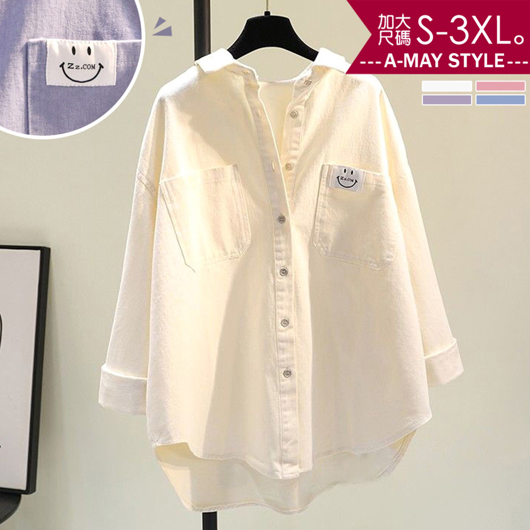 加大碼上衣 日韓設計笑臉布標寬鬆長袖襯衫(S-3XL)【XCB20429】＊艾美時尚(現 預)