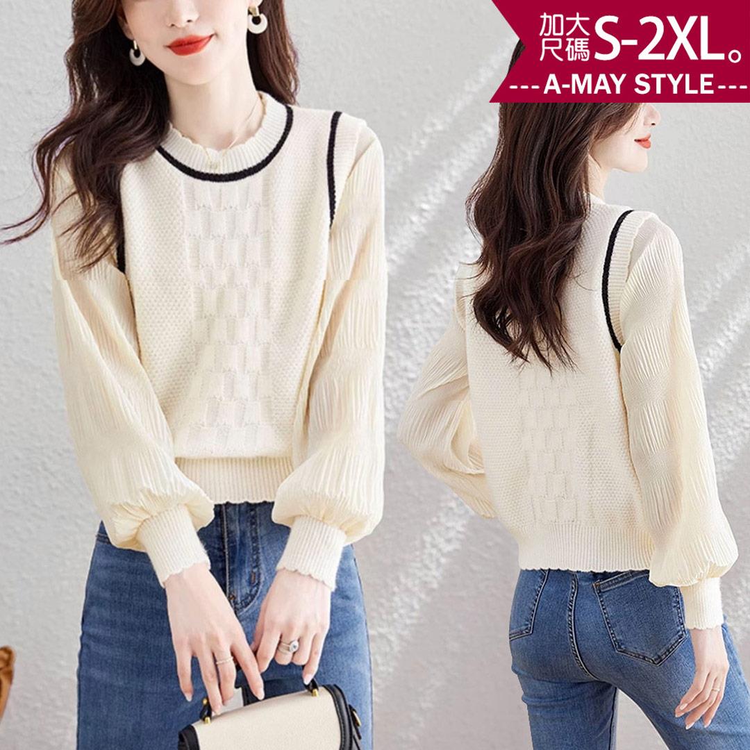 加大碼上衣 假兩件氣質拼接紗袖花邊針織衫(S-2XL)【XC240855】＊艾美時尚(現 預)