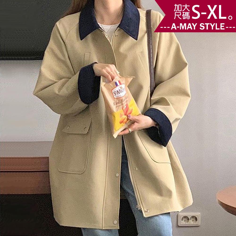 加大碼風衣 率性拼色雙口袋設計中長版外套(S-XL)【XC240877】＊艾美時尚(現 預)
