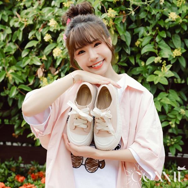 🍀兩雙現折$699🍀ANNSTAR Connie聯名-防潑水胖胖奶油可後踩綁帶餅乾小白鞋4.5cm-粉