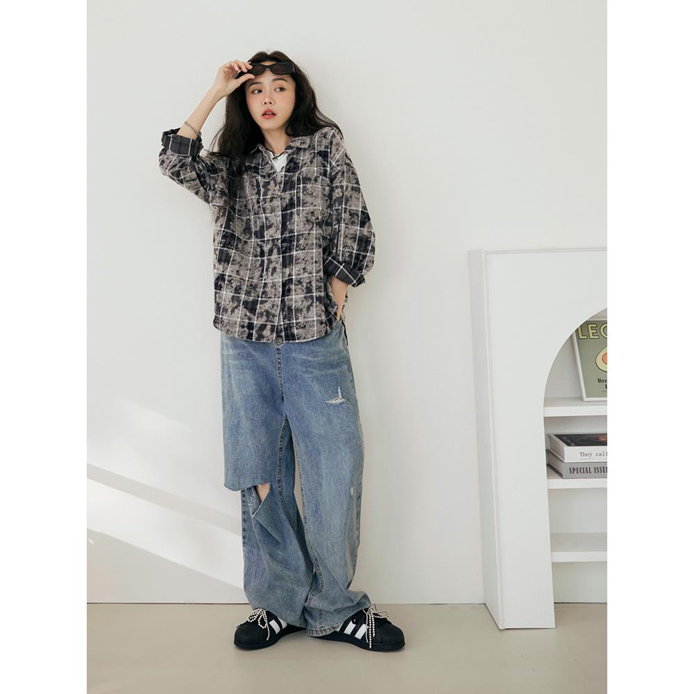 純棉率性渲染格紋長版襯衫上衣