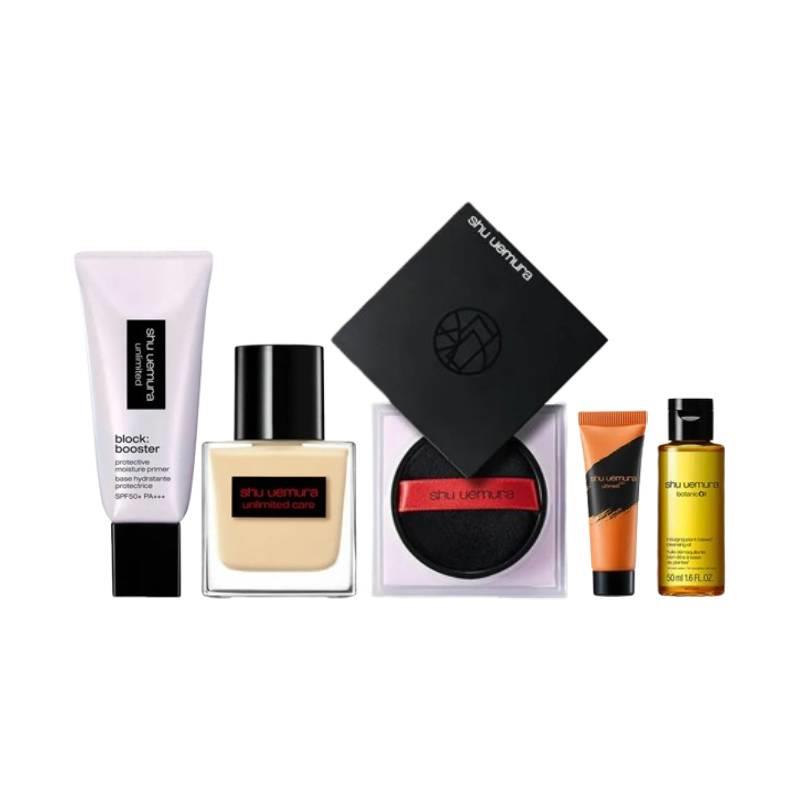 【shu uemura 植村秀】無極限保濕裸光底妝組(無極限保濕妝前乳30ml+無極限裸光精萃粉底35ml+無極限持妝輕蜜粉)*贈潔顏油50ml+山茶花洗面乳10ml(色號任選)