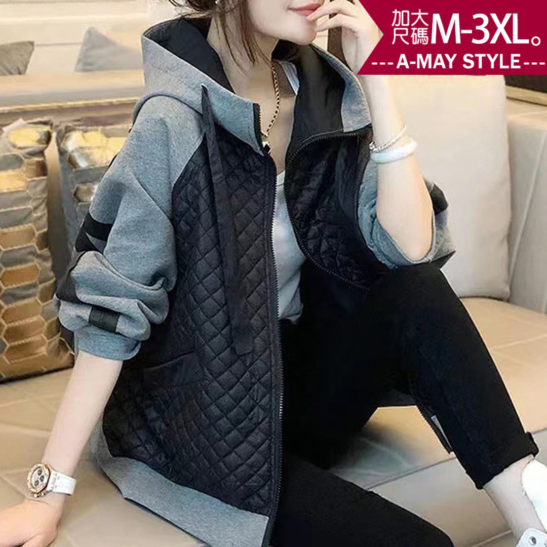 加大碼外套 休閒時髦菱格拼接設計連帽外套(M-3XL)【XC240888】＊艾美時尚(現 預)