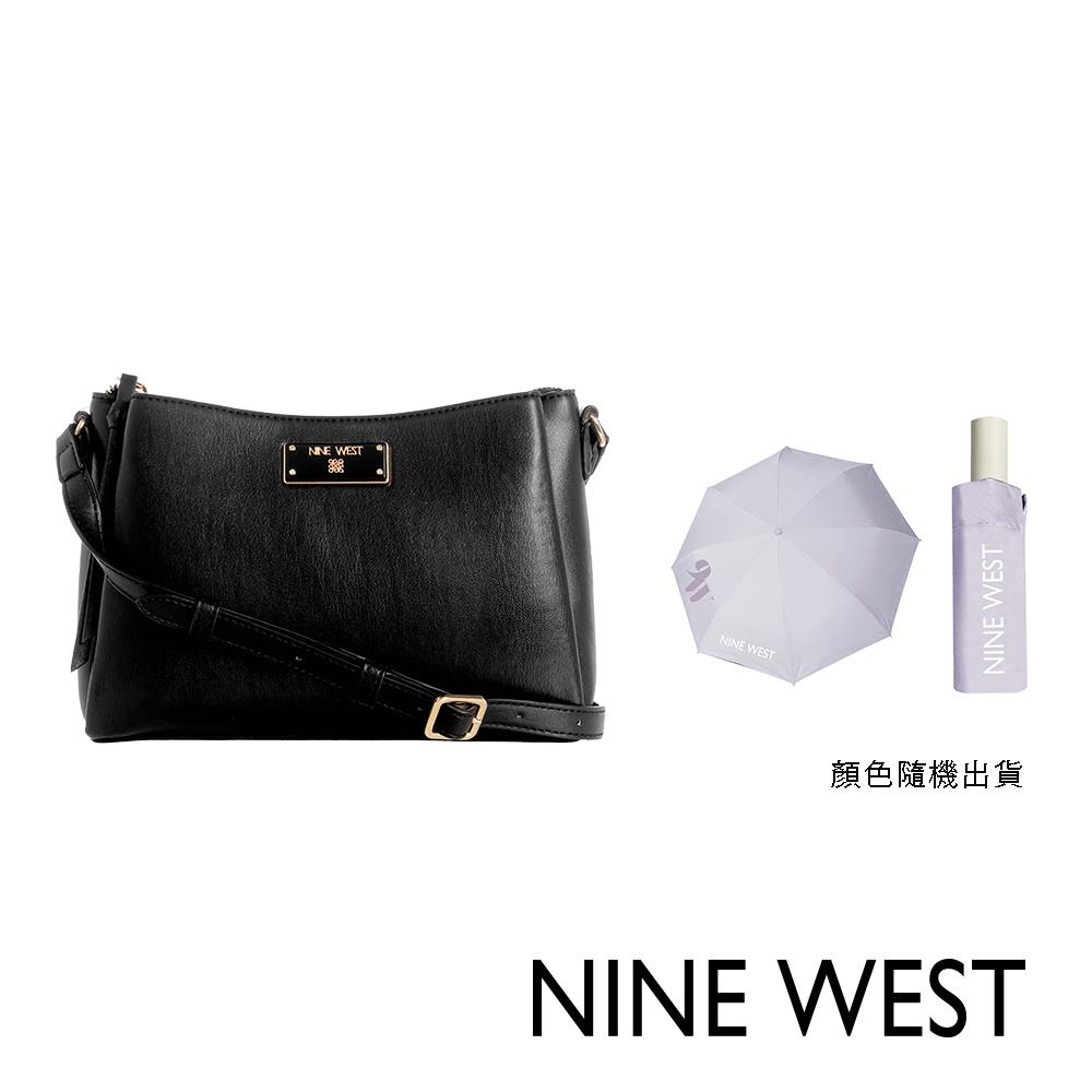 【NINE WEST 】純色斜背包-黑色+品牌兩用傘(193314176650+G0016)