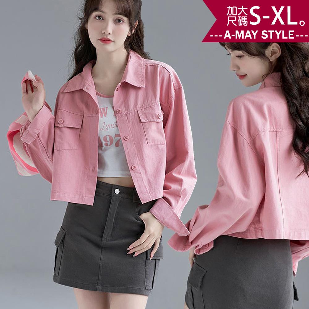 加大碼上衣 韓系粉嫩休閒排釦顯瘦短款長袖襯衫(S-XL)【XSJ0926】＊艾美時尚(現 預)