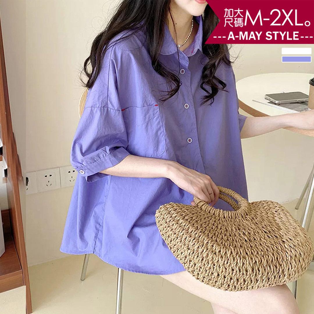 加大碼上衣 日韓設計荷葉領五分袖寬鬆顯瘦襯衫(M-2XL)【XFW179044】＊艾美時尚(現 預)