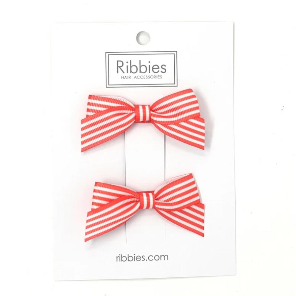 【Beeplay獨家】英國Ribbies 條紋蝴蝶結2入組-珊瑚紅