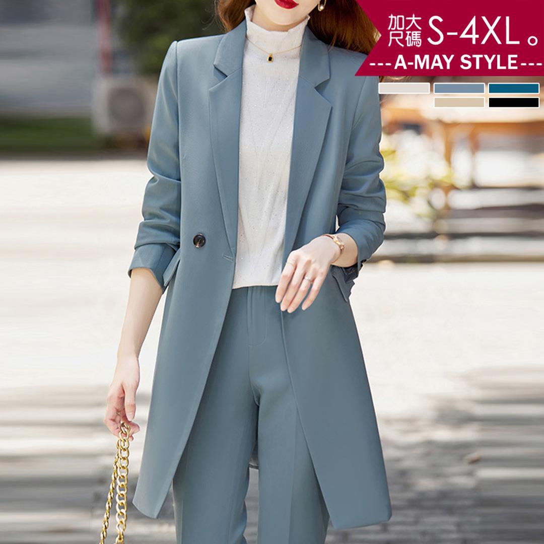 加大碼外套 風衣 大衣 時髦顯瘦中長版西裝外套(S-4XL)【XWF9135114】＊艾美時尚(現 預)
