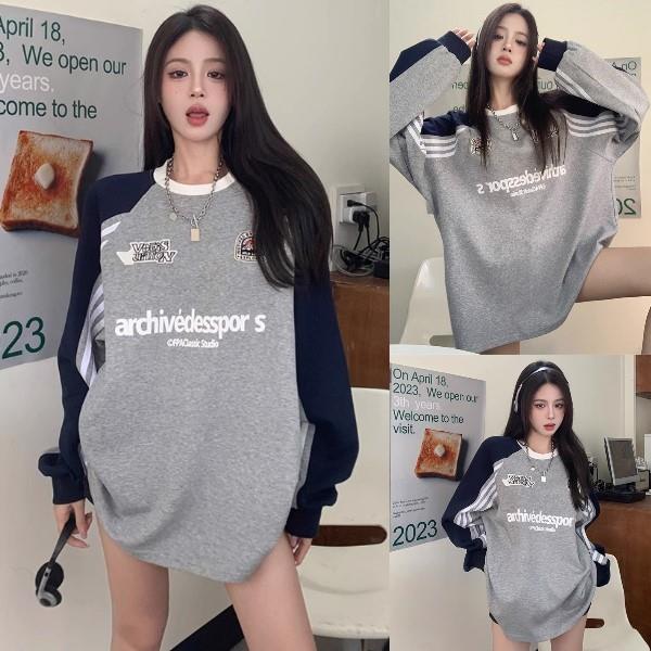 S-4XL美式休閒風撞色字母線條寬鬆顯瘦上衣 中大碼女裝設計感長袖T恤-凱西娃娃