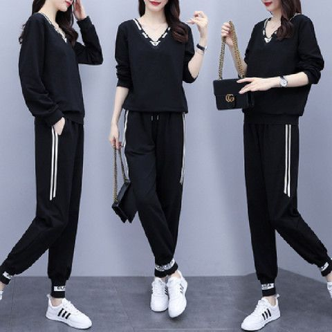 M-4XL韓風大碼女裝減齡顯瘦休閒運動套裝(V領長袖上衣+休閒束口長褲)-凱西娃娃