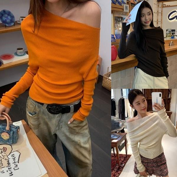秋冬性感高彩度多種穿法露肩修身顯瘦長袖上衣親膚針織衫(3色)-凱西娃娃