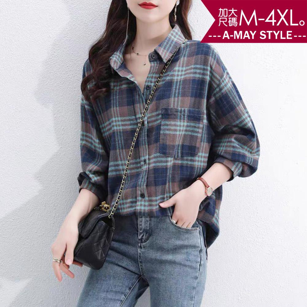 加大碼上衣 休閒格紋拼色寬鬆長袖襯衫(M-4XL)【XFW819828】＊艾美時尚(現 預)