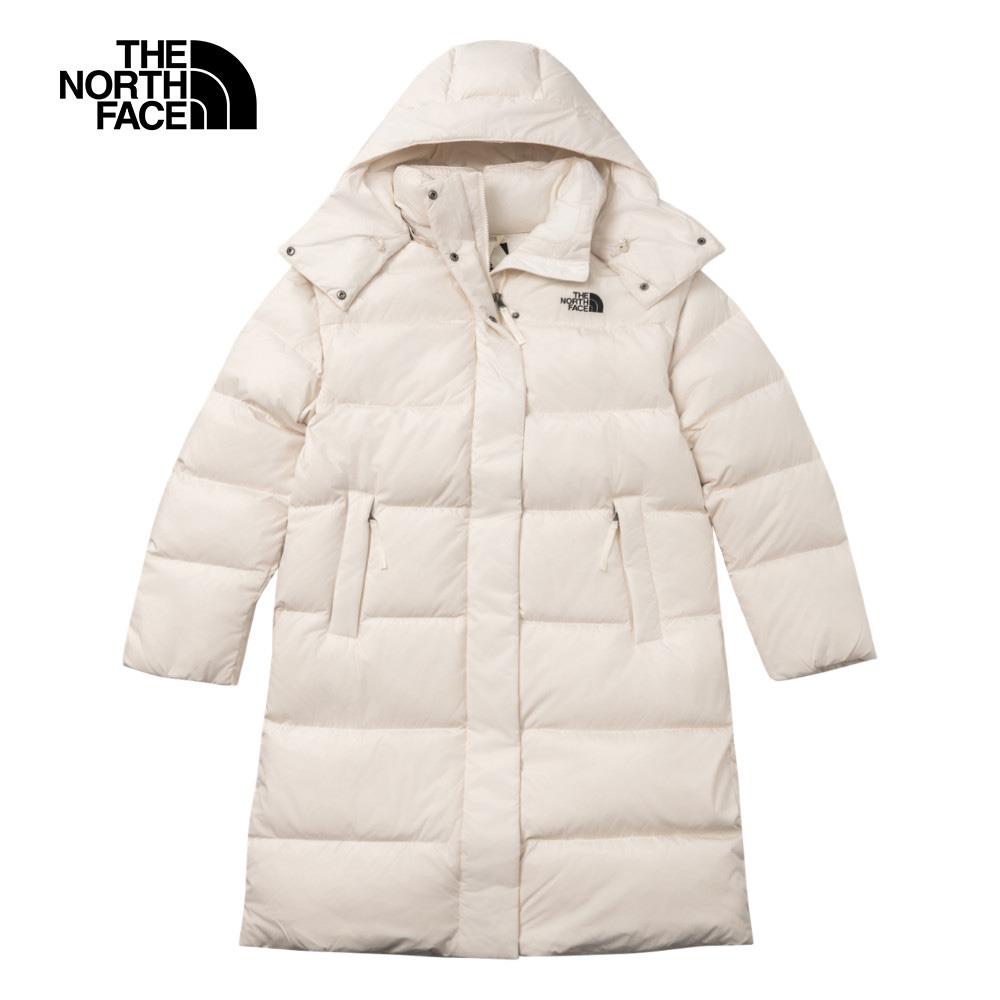 The North Face北面女款米白色DWR防潑水可拆卸連帽長版羽絨外套｜89YQQLI
