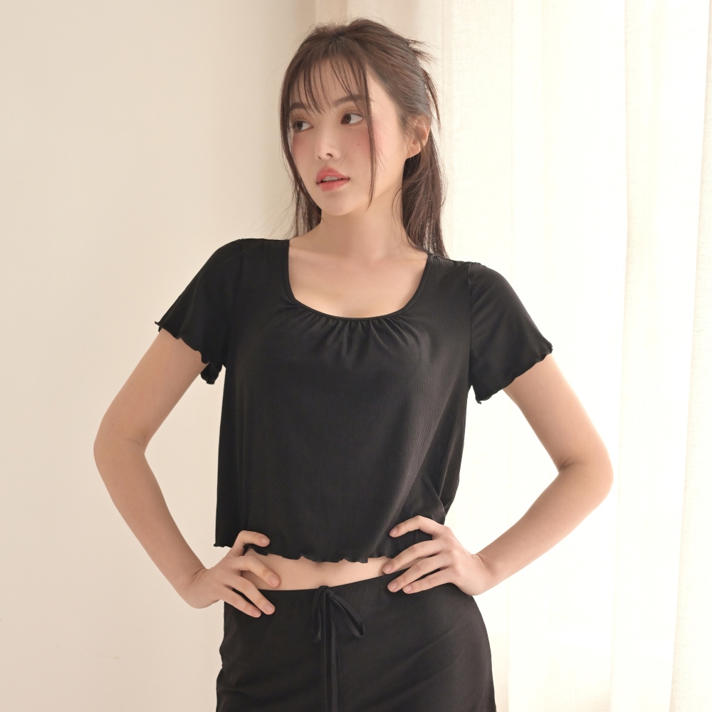 睡眠內衣【晚安推推．Chu Mii晚安】雙Ｃ魔力羅紋捲邊睡衣(神秘夜黑)