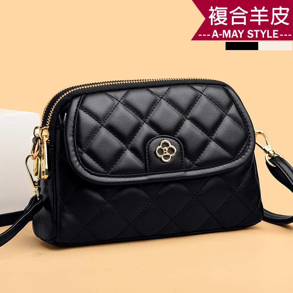 女真皮包 斜背包 小方包 時尚小香風菱格紋羊皮貝殼包(2色)【XWL127137】＊艾美時尚(現 預)