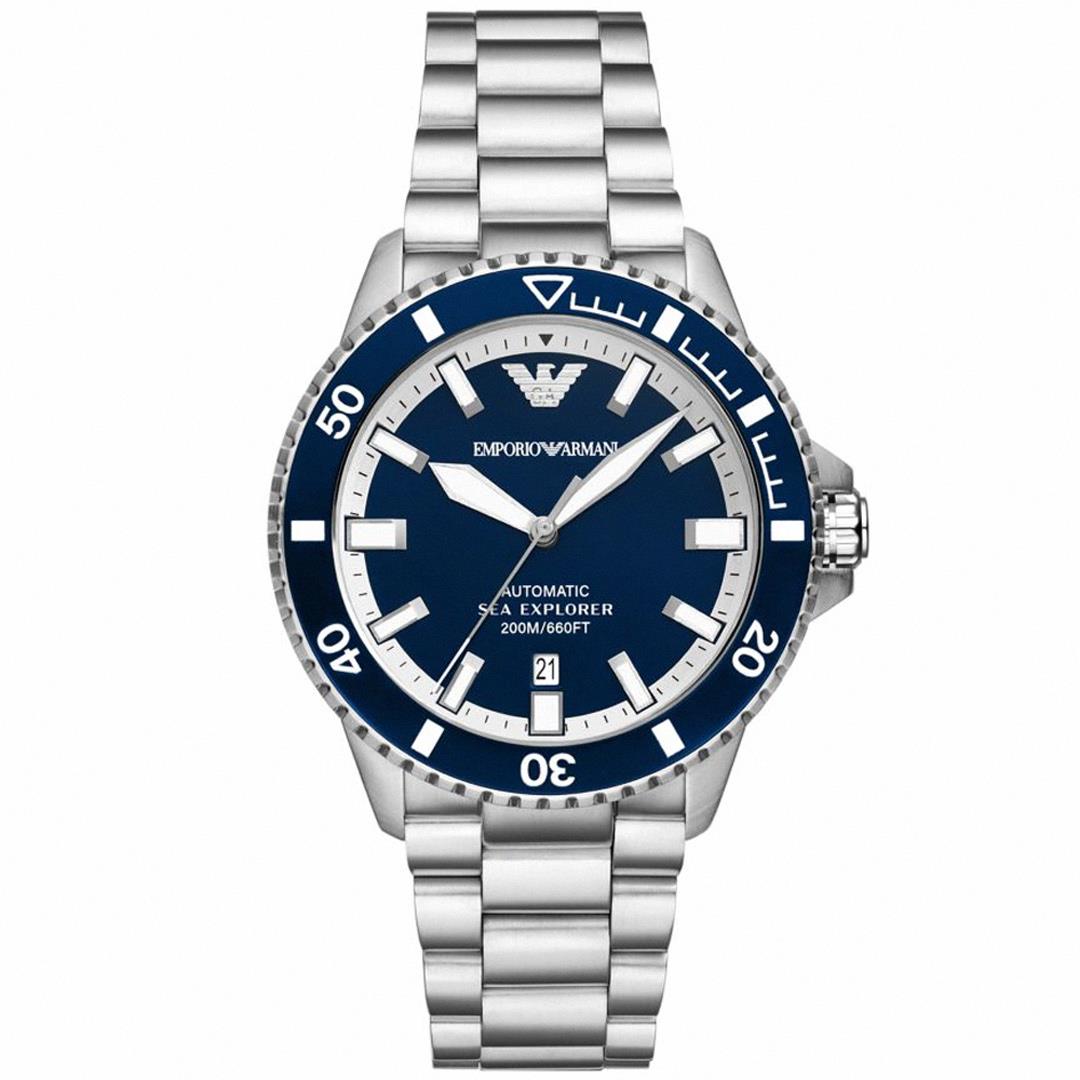 【活動價! 限時78折!】ARMANI Sea Explorer 海洋探險者不鏽鋼機械腕錶/銀x藍面 AR60079 亞曼尼 Emporio Armani 公司貨保固 熱賣中!