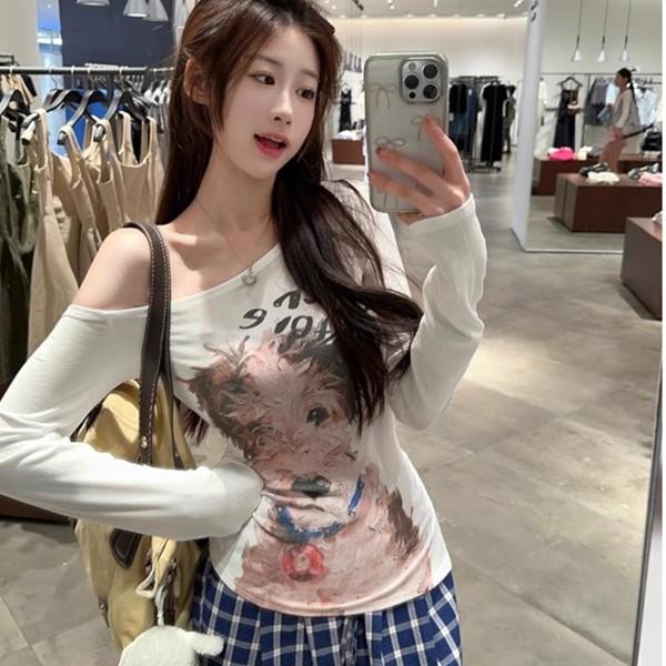S-XL秋冬性感風油畫狗狗印花羅紋短版斜肩T恤 修身顯瘦長袖上衣-凱西娃娃