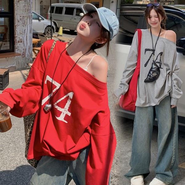 S-XL秋冬美式休閒兩面穿設計感露肩長袖上衣 拉架棉寬鬆顯瘦慵懶風T恤-凱西娃娃