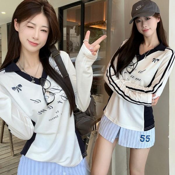 M-XL秋冬美式甜辣風V領蝴蝶結印花撞色線條長袖T恤 修身顯瘦-凱西娃娃