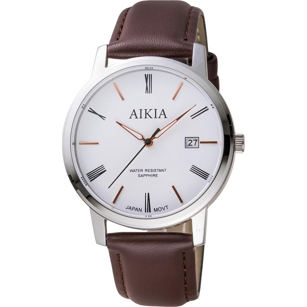 【AIKIA】AIKIA 羅馬字皮帶手錶(型號：3A2312WWT2/錶徑：約40mm/機芯：石英錶/動力：電池/材質：不鏽鋼錶殼/皮革錶帶/藍寶石水晶鏡面/功能：日期顯示)