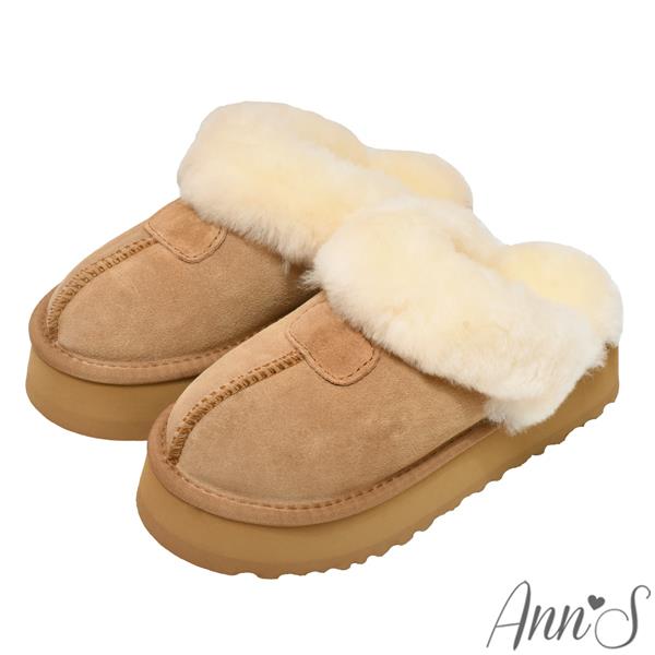 👣買就送半掌襪👣Ann’S防潑水鍍膜-真皮真羊毛厚底穆勒雪靴5cm-棕(版型偏小)