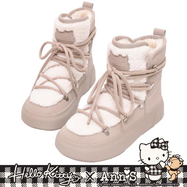 Ann’S X Sanrio三麗鷗 HELLO KITTY 聯名 奶茶泰迪絨毛綁帶厚底雪靴4cm-杏