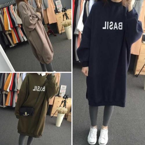 XL-5XL韓版風BAS字母過膝長裙休閒洋裝 大碼女裝內刷絨長袖T恤連身裙(3色)-凱西娃娃