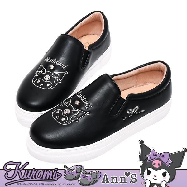 🎀買就送炫彩飲料提袋🎀Ann’S X Sanrio三麗鷗 Kuromi酷洛米聯名 甜酷黑單色刺繡厚底懶人休閒鞋3.5cm-黑