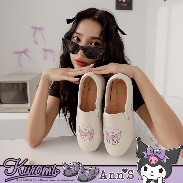 🍀兩雙現折$699🍀Ann’S X Sanrio三麗鷗 Kuromi酷洛米聯名 甜酷黑單色刺繡厚底懶人休閒鞋3.5cm-白