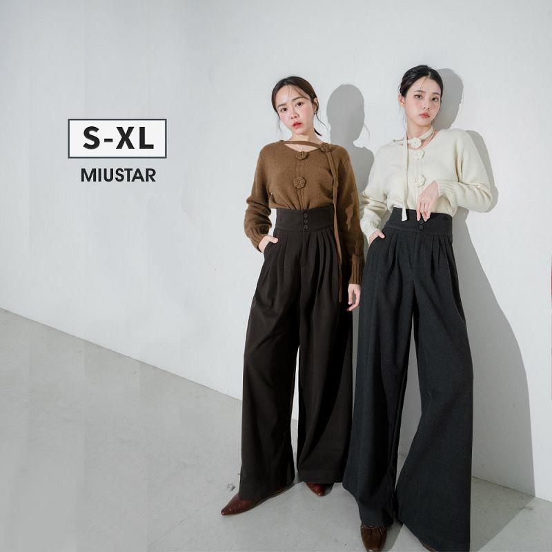 現貨★高腰排釦毛呢壓褶設計垂墜闊腿長褲(共3色，S-XL)1112 【NP3247】