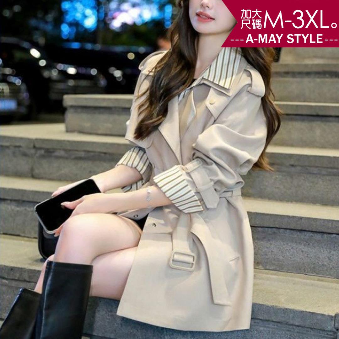 加大碼外套 假兩件優雅層次扣帶顯瘦風衣(M-3XL)【XC241083】＊艾美時尚(現 預)