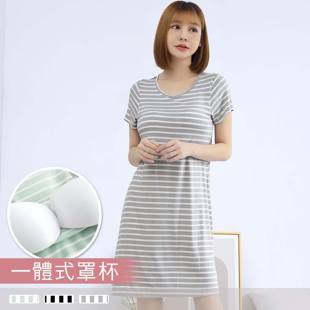 連身睡裙【罩杯式】超柔軟莫代爾棉無鋼圈 條紋圓領外穿連身短袖睡衣 居家服2014