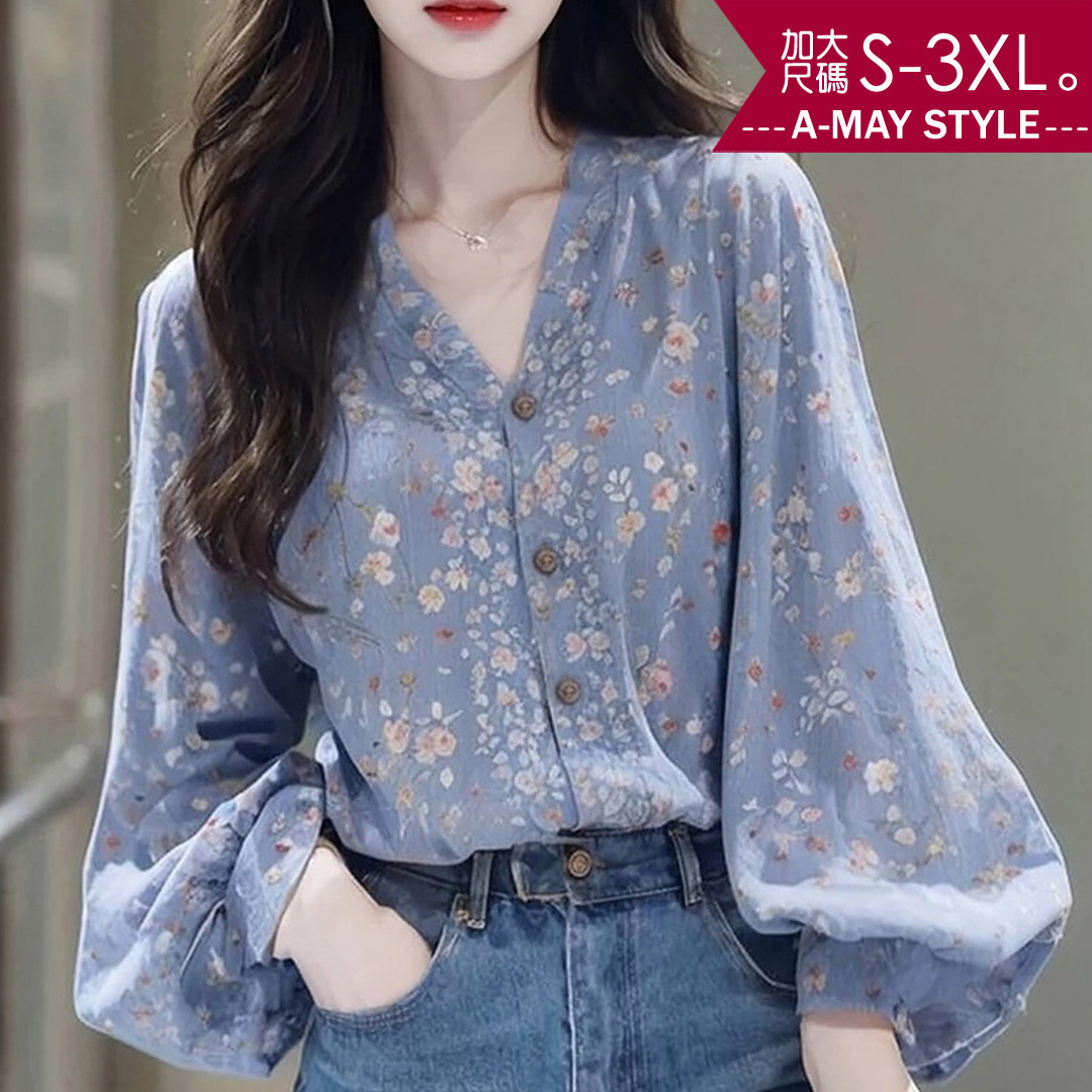 加大碼上衣 設計感優雅V領森林系印花燈籠袖襯衫(S-3XL)【XT241045】＊艾美時尚(現 預)
