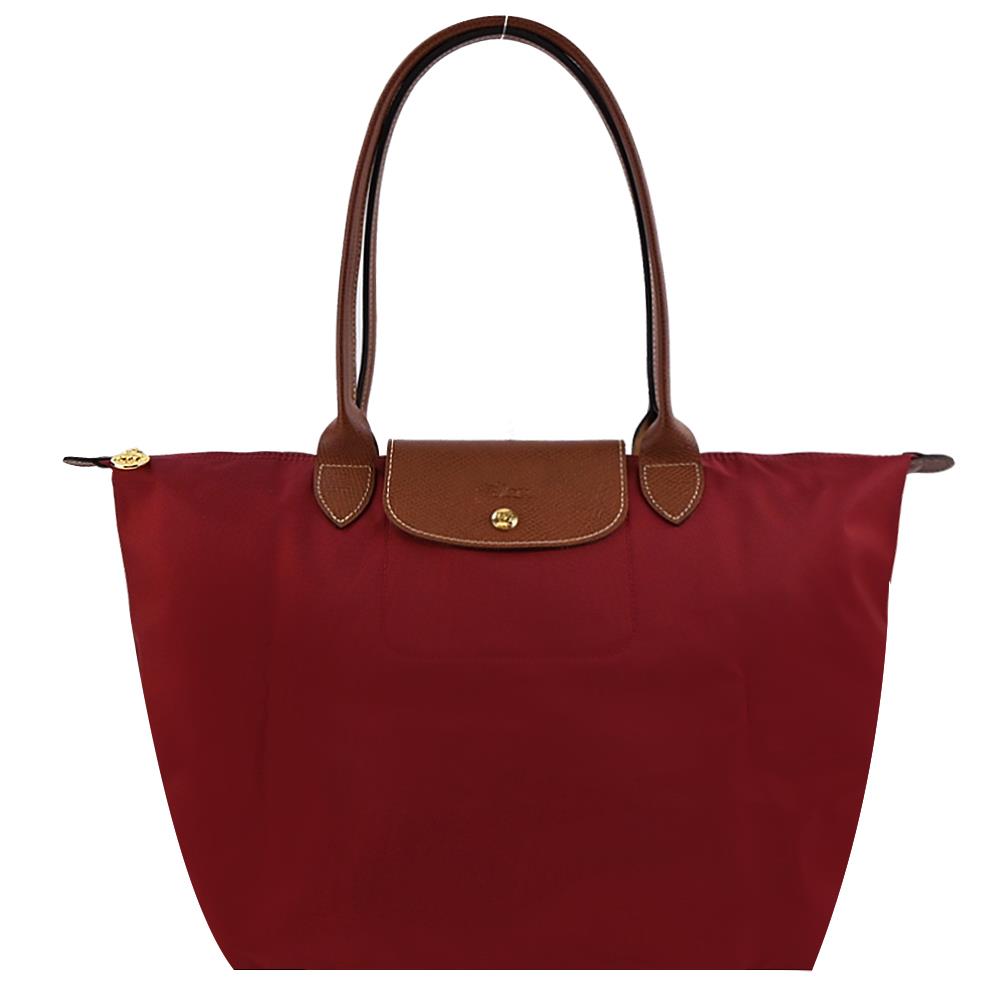 【LONGCHAMP】大夕陽紅長把再生尼龍摺疊水餃包(大夕陽紅，約長３１ｃｍ，高３０ｃｍ，底寬１９ｃｍ)