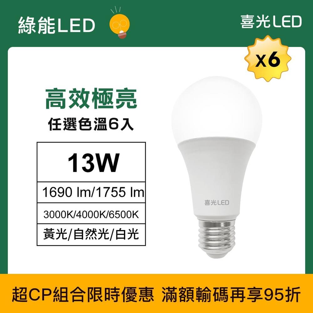 【經典水亮組】13W LED 高效極亮燈泡 色溫任選 - 6入組 💡綠能LED｜滿額再打95折