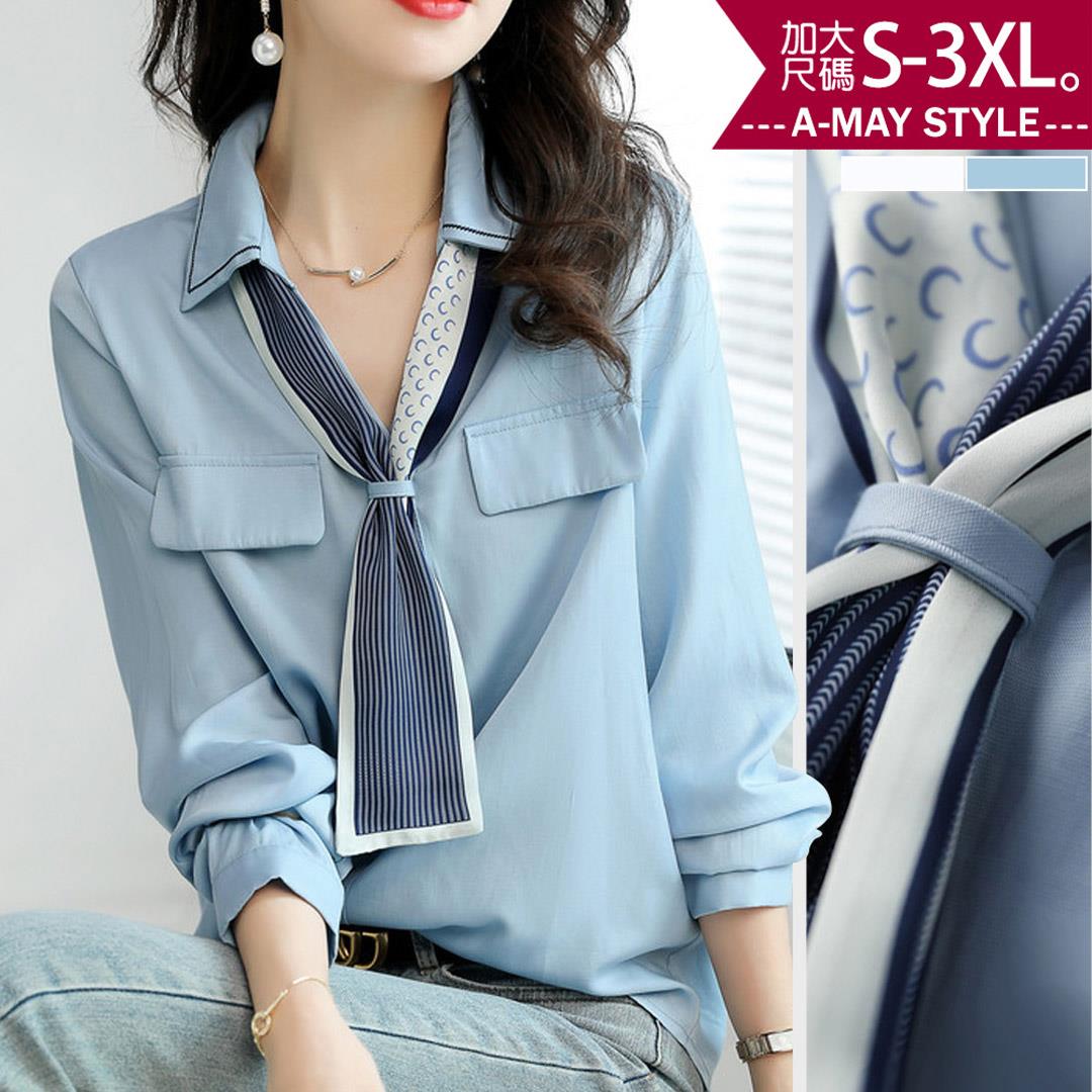 加大碼 襯衫 設計感印花絲巾V領長袖上衣(S-3XL)【XWU241035】＊艾美時尚(現 預)