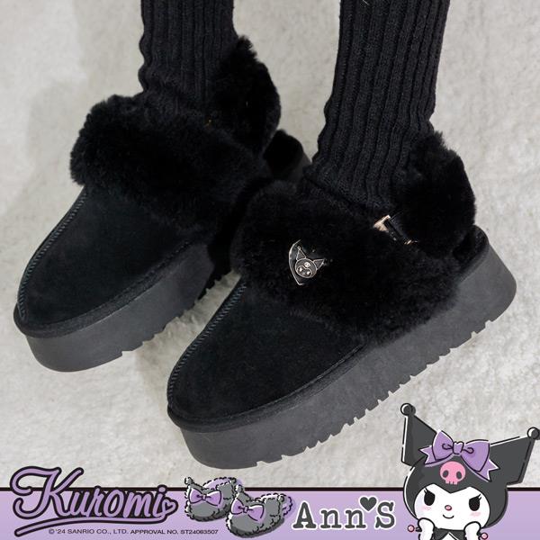 🔥買三送一🔥Ann’S X Sanrio三麗鷗 Kuromi酷洛米聯名 毛絨絨可拆後帶2way麂皮真皮厚底穆勒雪靴4cm-黑
